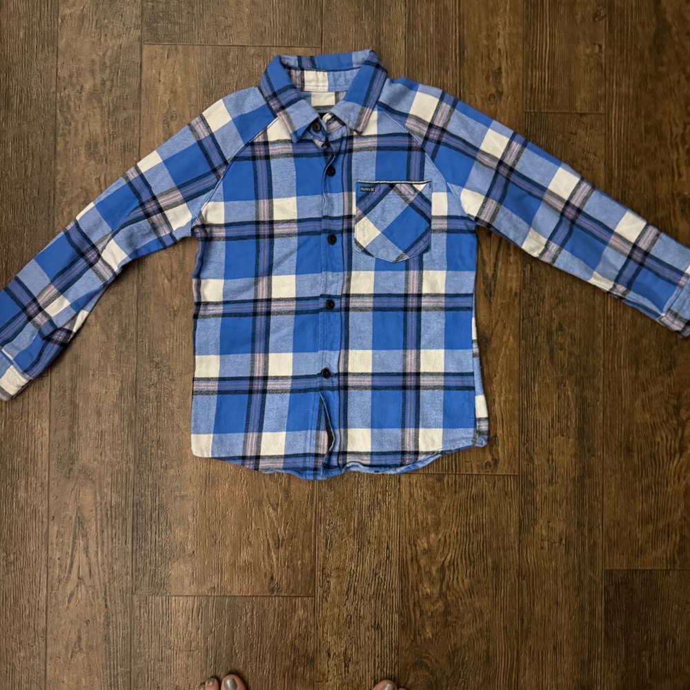 Hurley Boys Size 6 Blue Plaid Flannel Long Sleeve Button Down Shirt - Picture 1 of 10